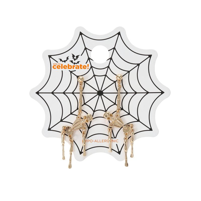 Gold Skeleton Dangle Earrings Halloween Skeleton Jewelry - Light & Hypoallergenic