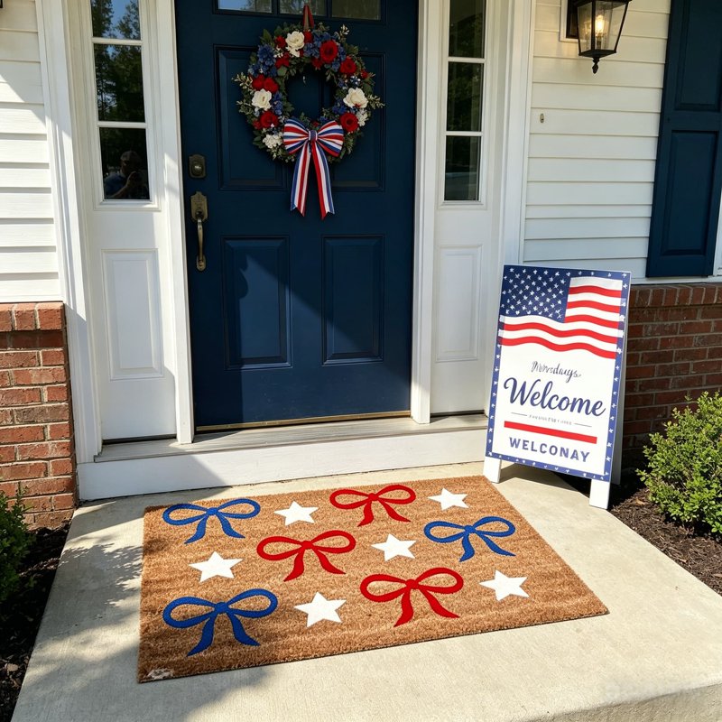Patriotic Door Mat 4th of July Bow & Star Floor Doormat - 20x30in Independence Day Welcome Rug