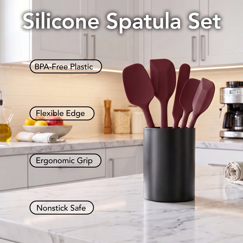 Silicone Spatula Set of 5 - Heat Resistant Red Utensils
