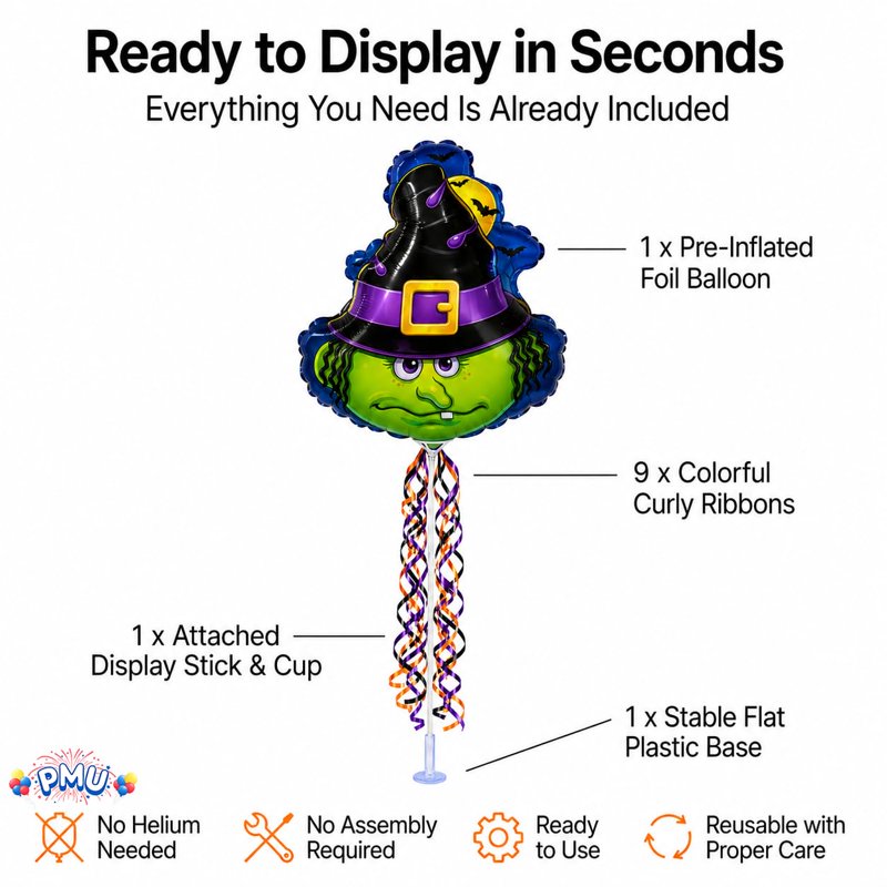 PMU Halloween Pre-Inflated 9 Inch Witch Face Balloons on Stick - Pkg of 1