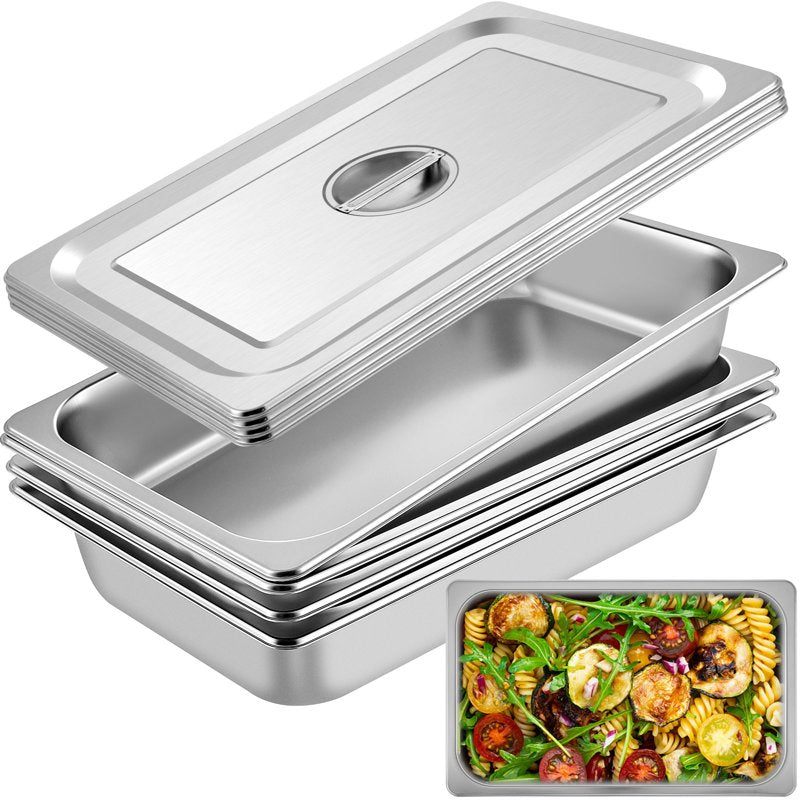Full-Size Stainless Steel Steam Table Pan with Lid, 21 x 13 x 4 Inch, Black