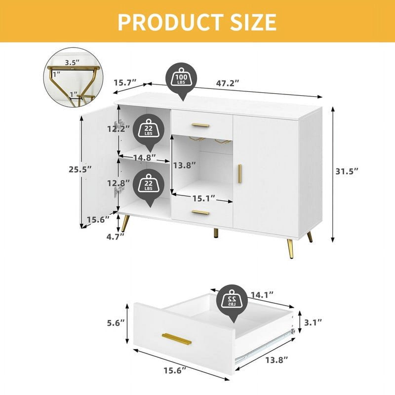 Modern Sideboard Buffet Cabinet with Wine Glass Holder - White