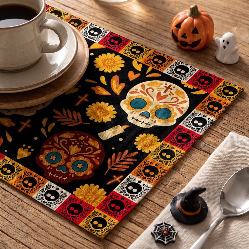 Skull Day of The Dead Printed Halloween Placemats Set of 4 12x18 Inch - Spooky Kitchen & Dining Decor Variation B