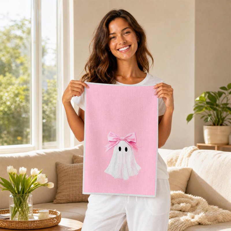 Pink Ghost Halloween Kitchen Hand Towel - Cute Fall Bathroom Decor - Variation K-A