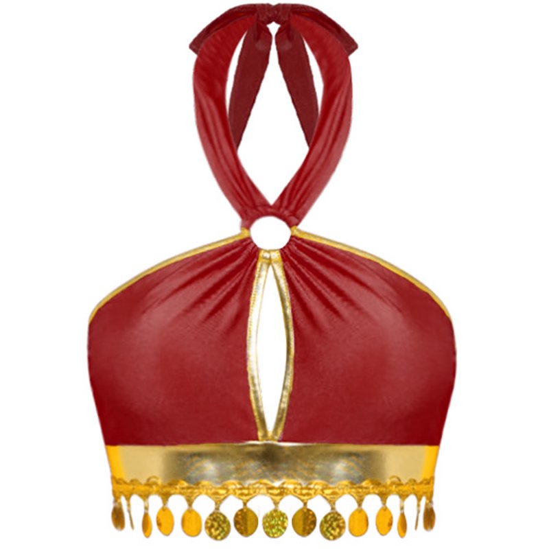 Women Belly Dance Costume Set Burgundy M - Chiffon Skirt & Crop Top