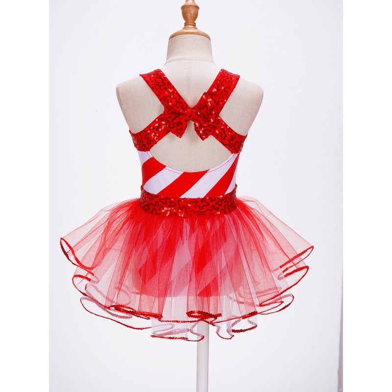 Kids Girls Christmas Sequins Santa Dance Costume Tutu Dress - Size 10 - Red-C
