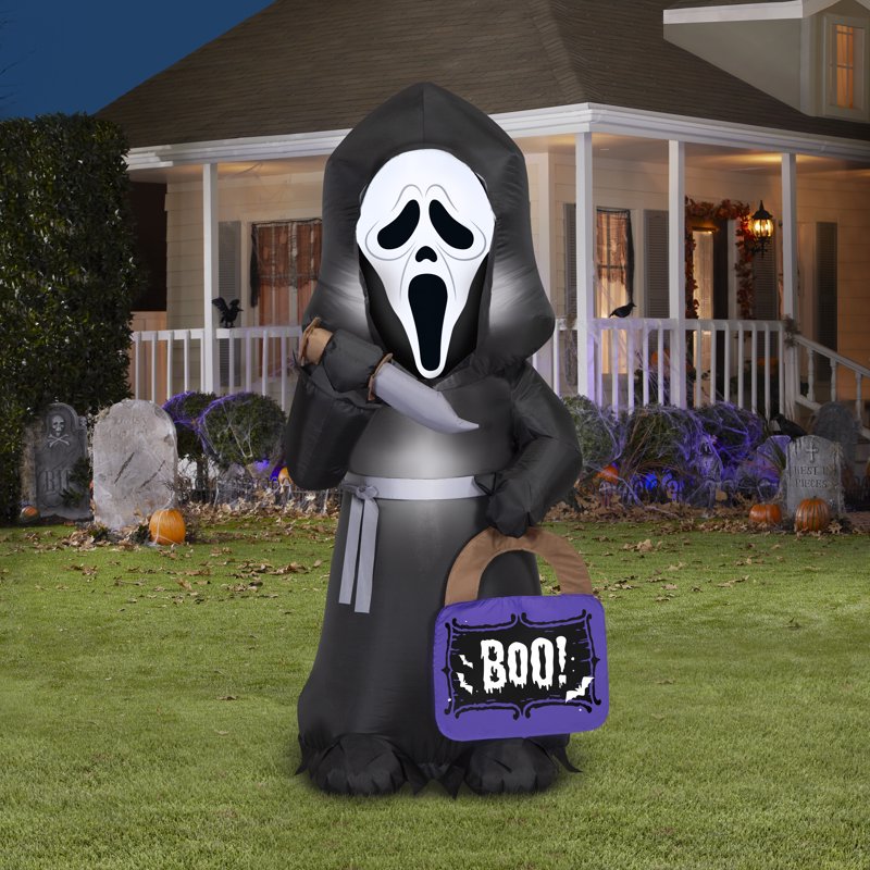 Halloween Ghost Face Inflatable Yard Decor - 5 Ft Lighted Ghost with Treat Sack