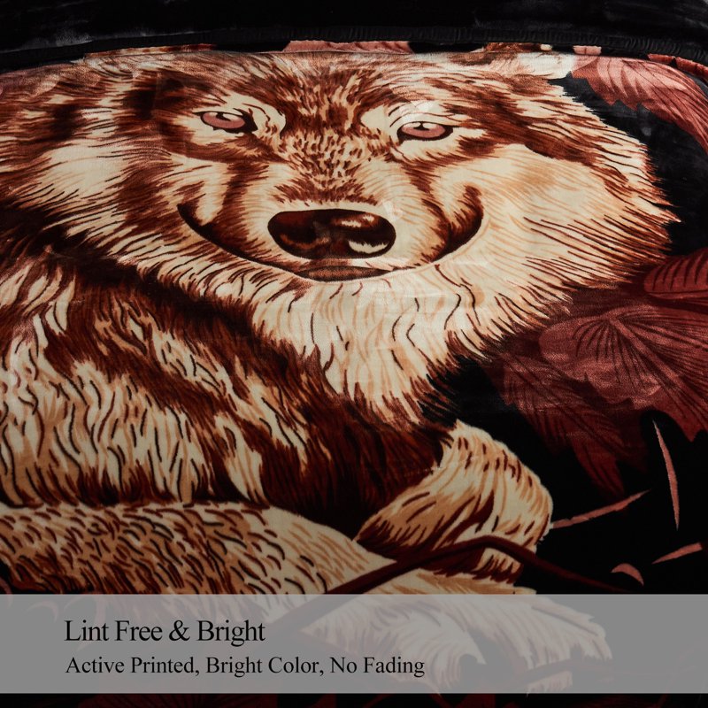 King Size Plush Wool Pattern Blanket - 2 Ply Thick Warm Bed Cover - Black & Brown Wolf Variation