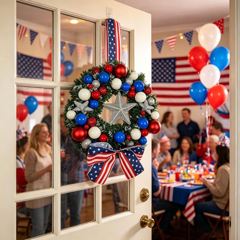 Patriotic Wreath Decorations - Independence Day Red, White & Blue Wreath - Outdoor Indoor Decor - Variation 0E