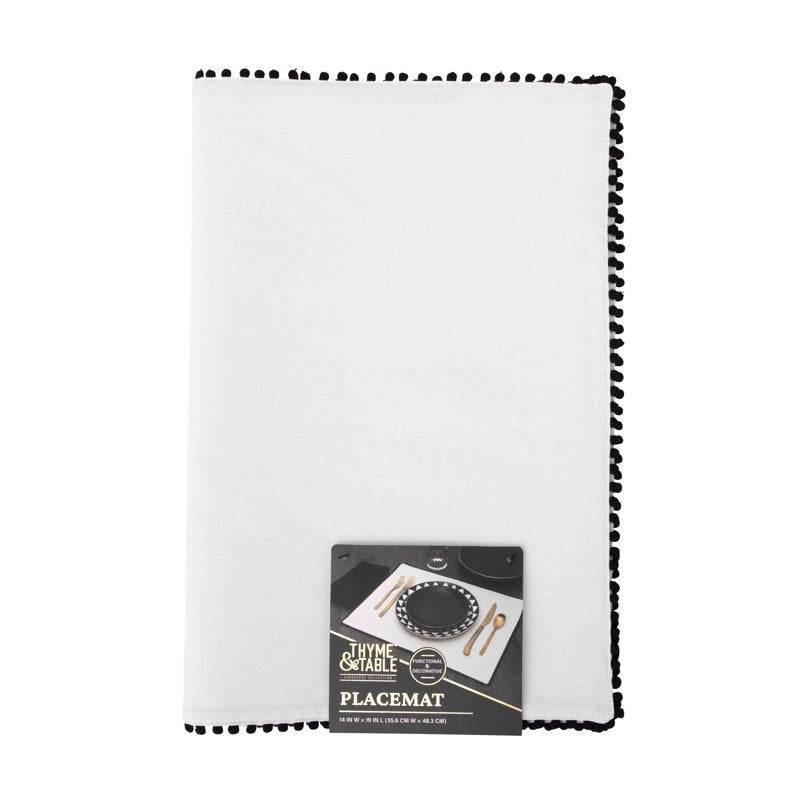 14 x 19 Inch Ivory Placemat with Black Pom Pom Trim - 4 Pack