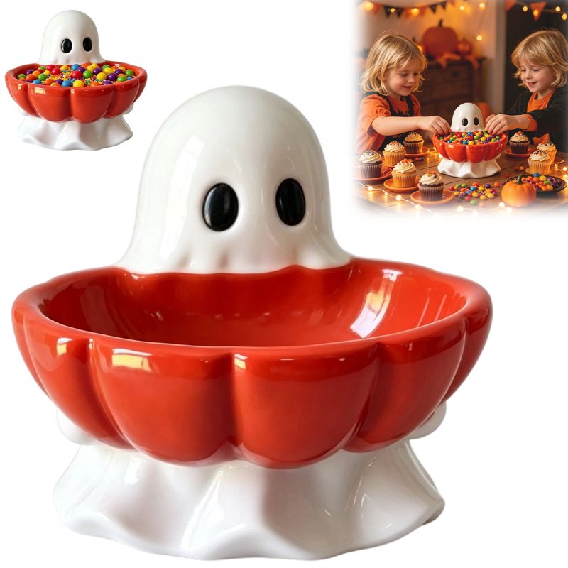 Halloween Ghost Pumpkin Candy Bowl - Cute Ceramic Ghost Figurine with Snack Dish - Variation #023
