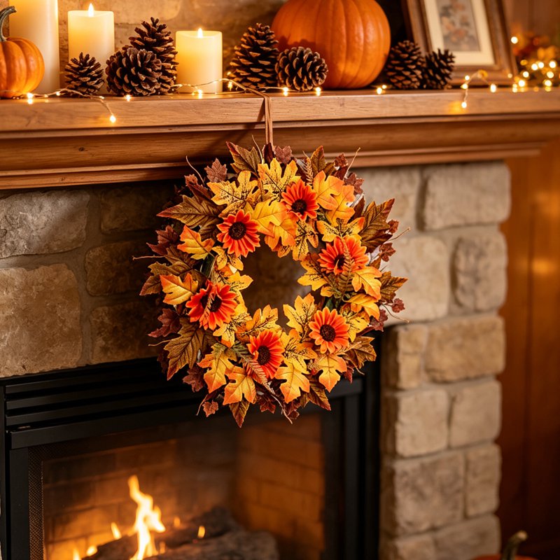Fall Wreath with Sunflower, Rose, Pumpkin & Maple Leaves for Door & Fireplace Decor