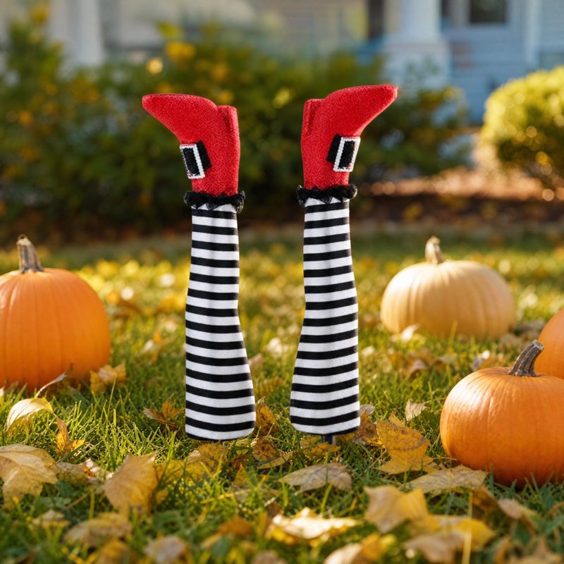 Halloween Witch Leg Yard Stakes with Glitter Shoes and Striped Stockings - White Variation
