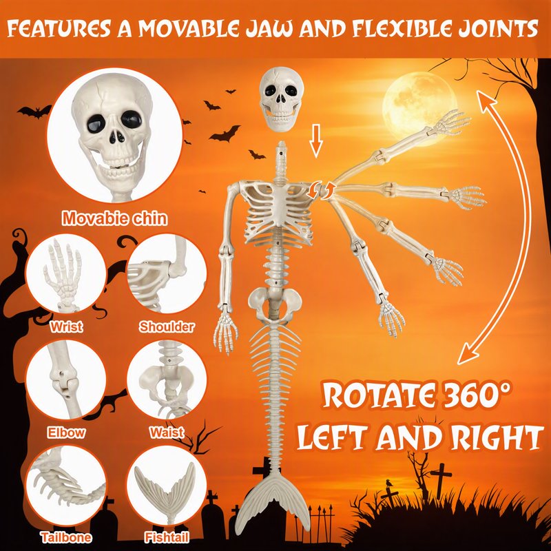 36-Inch Halloween Mermaid Skeleton with Flexible Joints for Indoor & Outdoor Decorations