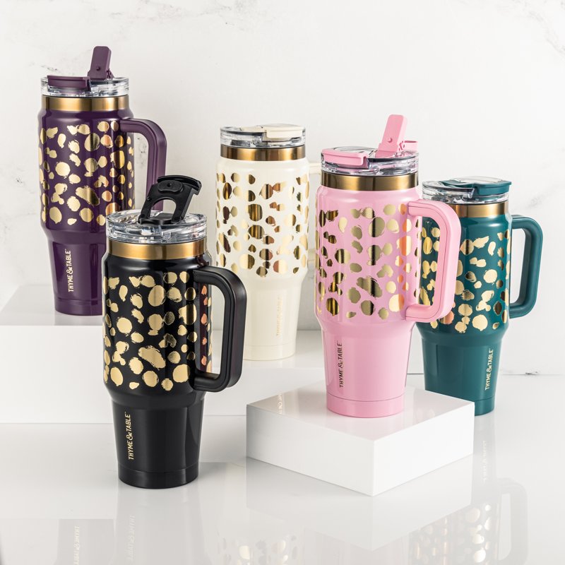 Stainless Steel 32oz Luna Tumbler with Handle & Dual Straw Lid - Cream & Gold Dots