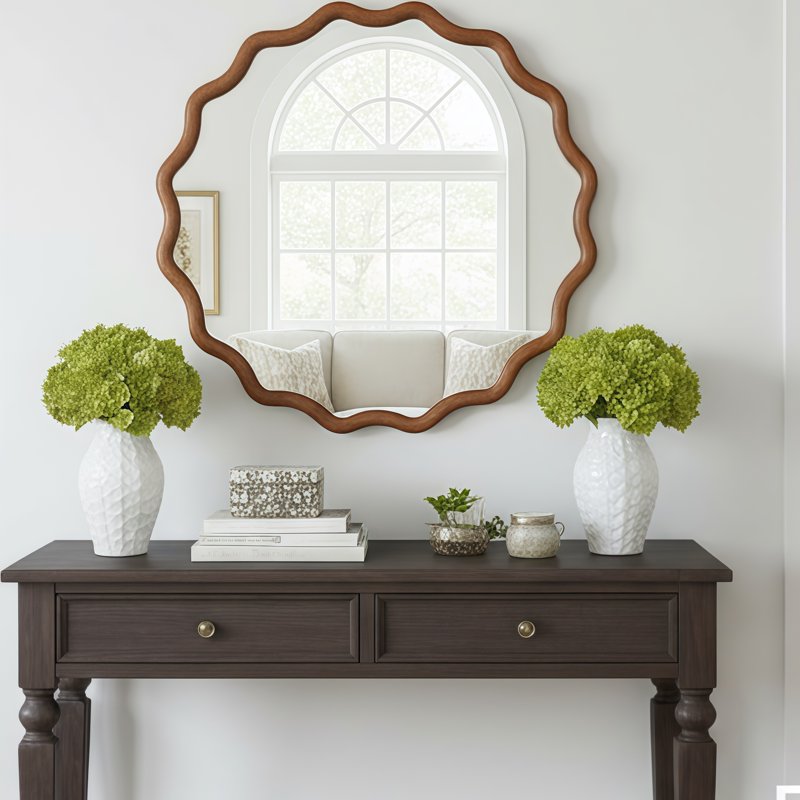 30 Inch Wavy Round Solid Wood Mirror with Tempered Glass - Decorative Wall Mirror