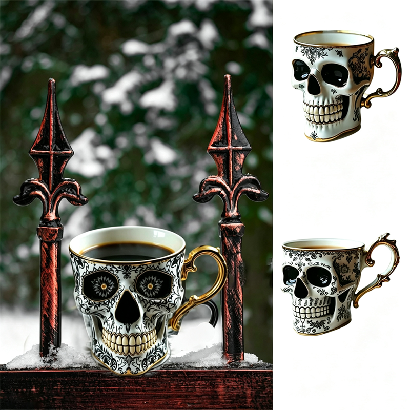 Free Size Gothic Skull Coffee Mug with Gold Trim & Saucer Set - Halloween Gifts