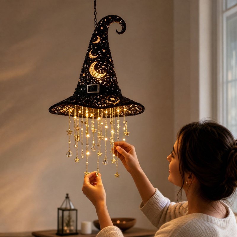 Lighted Witch Hat Hanging Set - Moon Variation, 2 Pack Halloween Decor