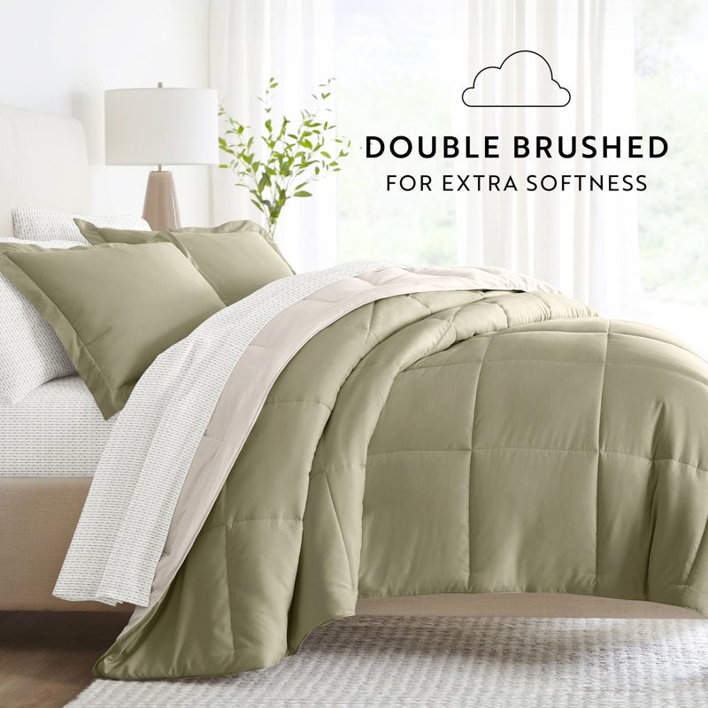 Twin Reversible Comforter & Patterned Sheet Bedding Set with Beaded Arrows Sage/Ivory