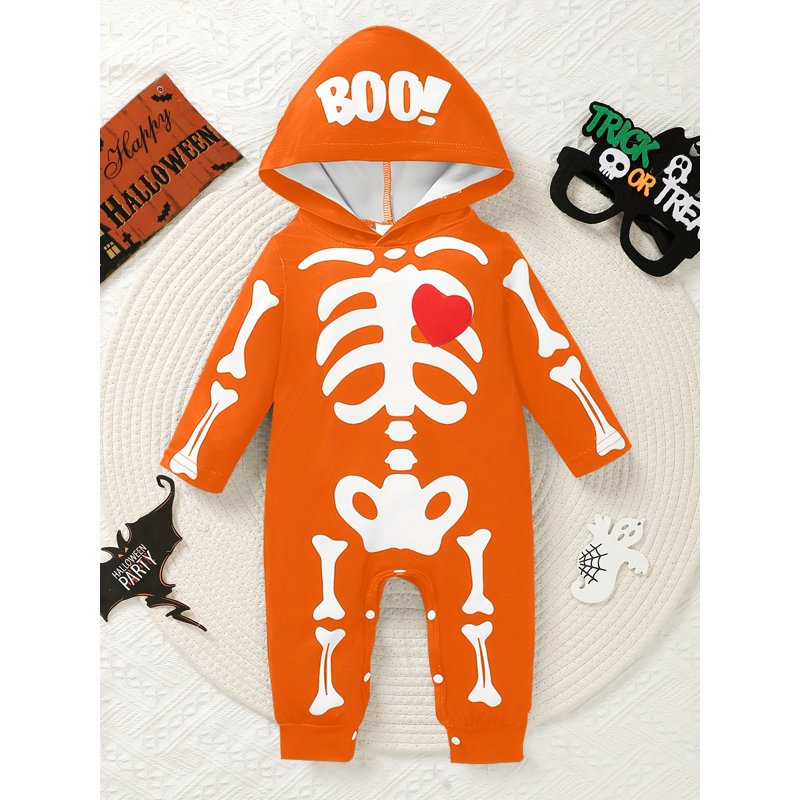 Baby Romper Hooded Long Sleeve Skeleton Print for 3-6 Months - Halloween Style