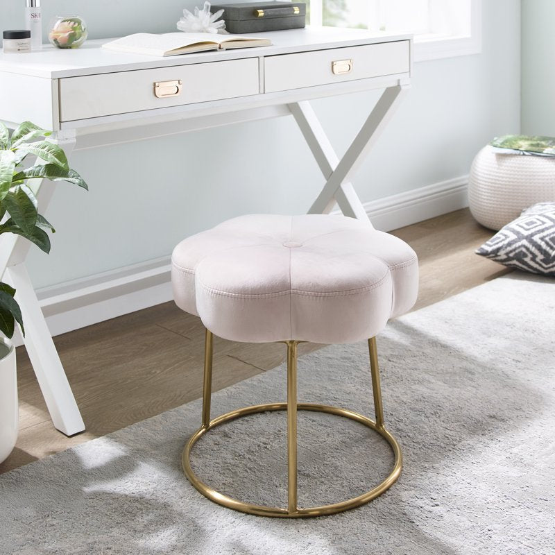 Boho Floral Plush Velvet Stool - Light Pink with Gold Base