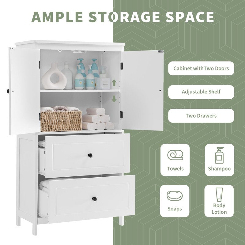 Bathroom Floor Storage Cabinet with 2 Drawers & 2 Doors - White, Adjustable Shelf