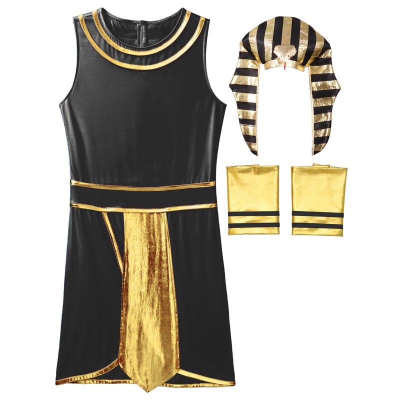 Men Egyptian Pharaoh Costume Set Black L - Sleeveless Dress, Snake Head Hat & Cuffs