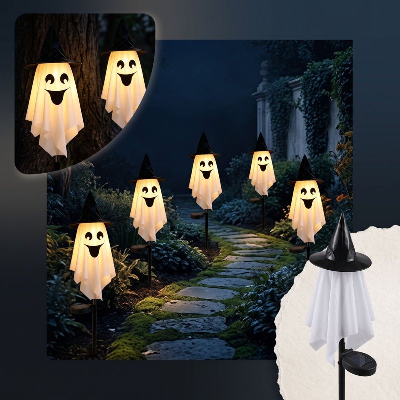 LED Ghost Yard Stake Light with Witch Hat - Battery Powered Halloween Decor - Variation 1#K