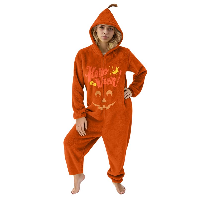 Halloween Pumpkin Cosplay Pajama Set for Family with Hooded Fleece Romper - L Variation