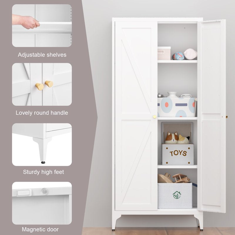 65" Metal Storage Cabinet with Adjustable Shelves - White