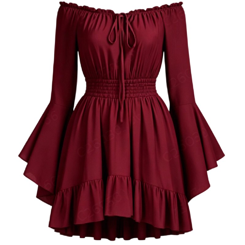 Women's Gothic Pirate Mini Dress with Bell Sleeves - Wine 2XL Off Shoulder Halloween Costume