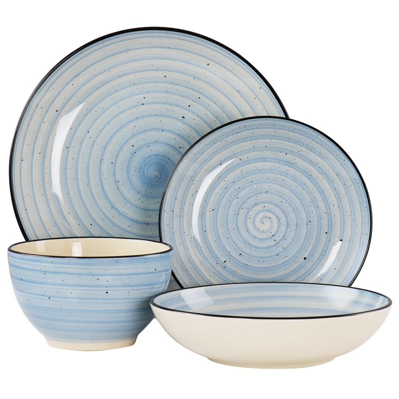 24 Piece Stoneware Dinnerware Set - Light Blue & White