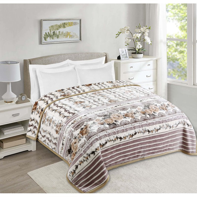 King Size Korean Mink Fleece Blanket - Beige Floral Reversible Heavyweight Bed Cover