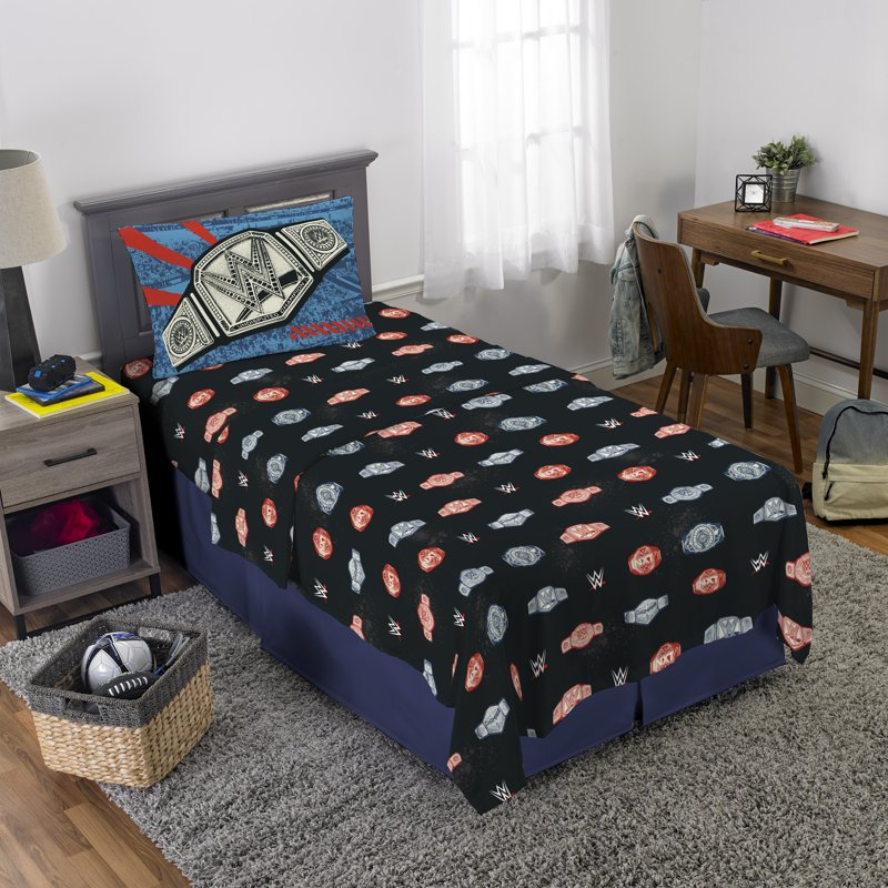 WWE Kids Twin Black 3-Piece Sheet Set with Championship Belt & Logo Print