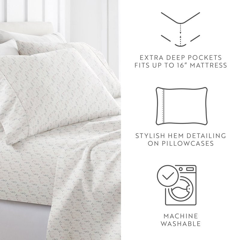 Queen Pattern Microfiber Bed Sheets Set - Ivory Painted Meadow, 4 Piece