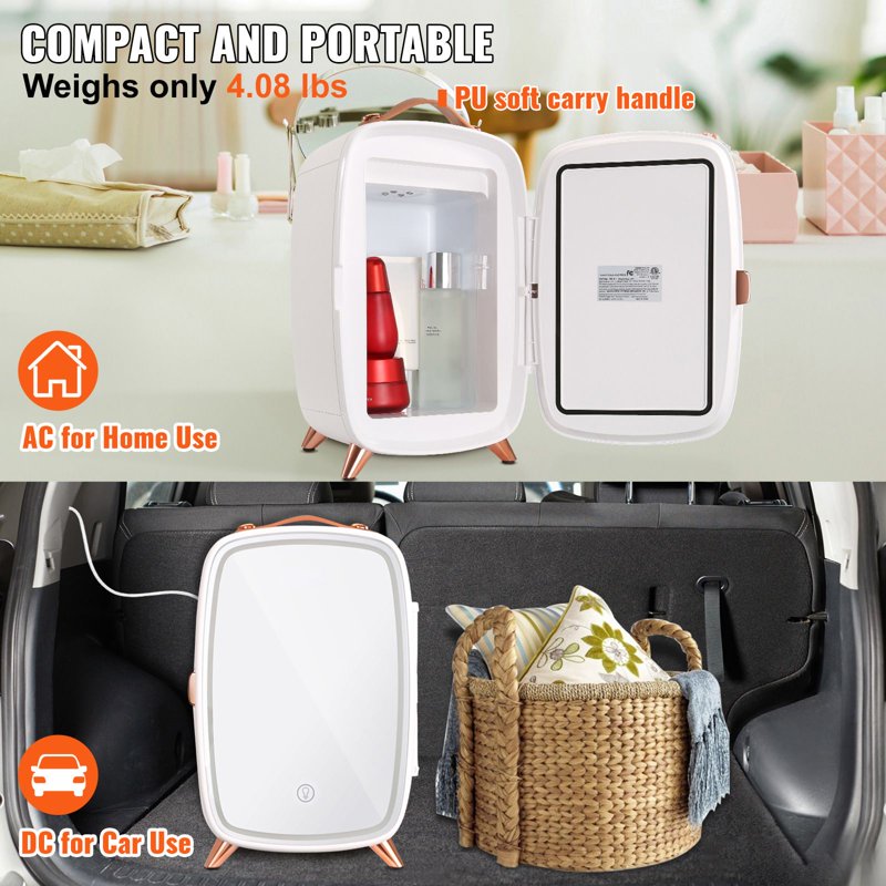 6L Mini Fridge with HD Makeup Mirror & LED Lights - Quiet Portable Cooler