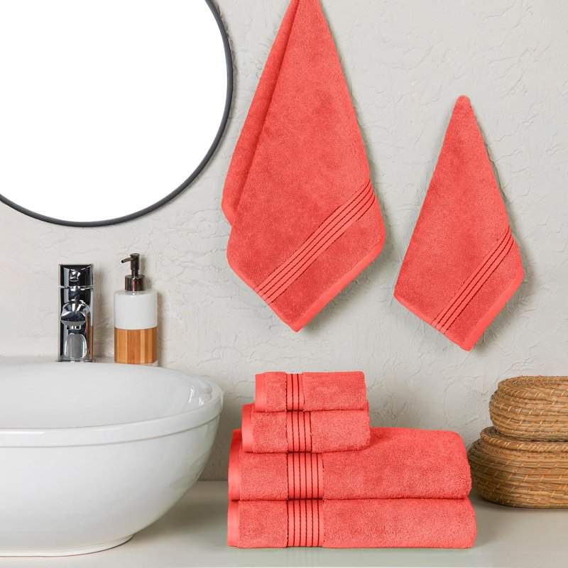 Coral 100% Turkish Cotton Shower Towel Set - Highly Absorbent, Plush, 6-Piece