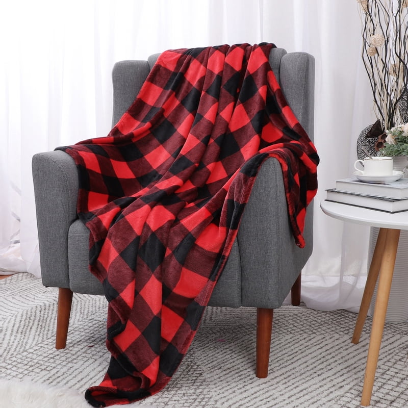 Plaid Plush Fleece Blanket for Sofa Couch Bed - Scarlet & Black 60x78"