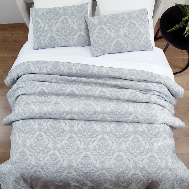 King Damask Woven Comforter Set with Shams - Blue and Silver