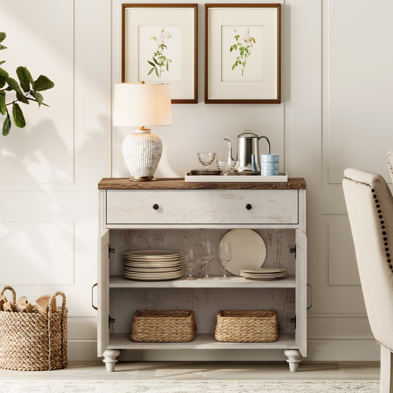 Rustic White Buffet Cabinet with 2 Doors & 1 Drawer - 34-Inch