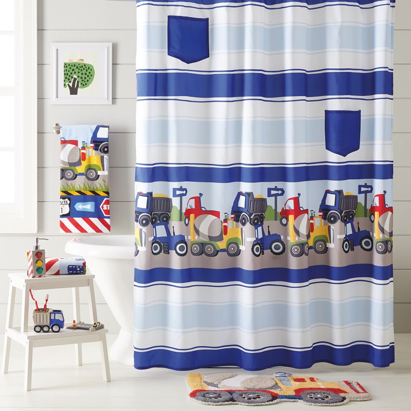 Children's Embroidery Bath Rug with Trains and Trucks - Cotton, Yellow, 20x30 Inches