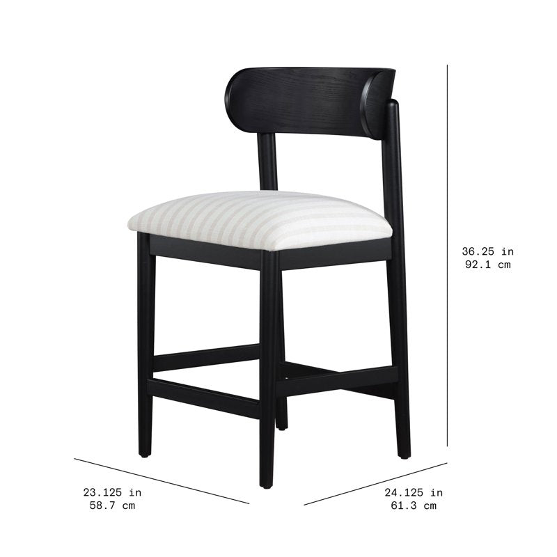 Counter-Height Stools - Black with Striped Linen Fabric, 2 Pack