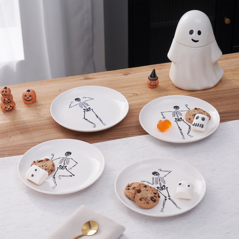Halloween 4-Pack Ceramic Dancing Skeleton Appetizer Plates - Wax Resist