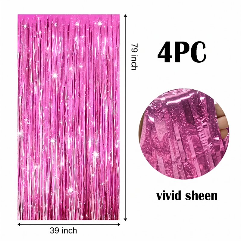 Pink Foil Fringe Curtain - 4 Pack Shiny Metallic Tinsel Backdrop for Parties & Events - Variation of Pink 3