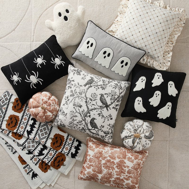 Halloween Raven Toile Decorative Throw Pillow 20x20 Ivory & Black