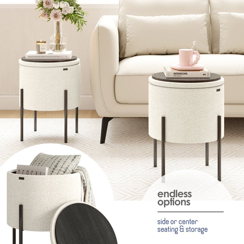 Small Round Ottoman with Storage - Upholstered Foot Stool