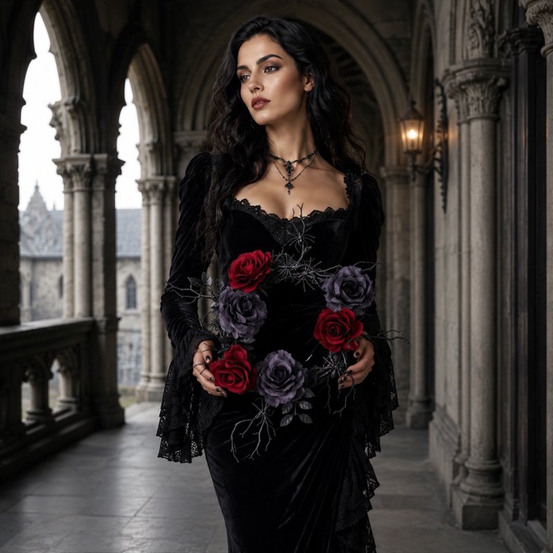 Halloween Wreath with Red Roses - 12 Inch Gothic Fall Door Decor, Bats & Skulls