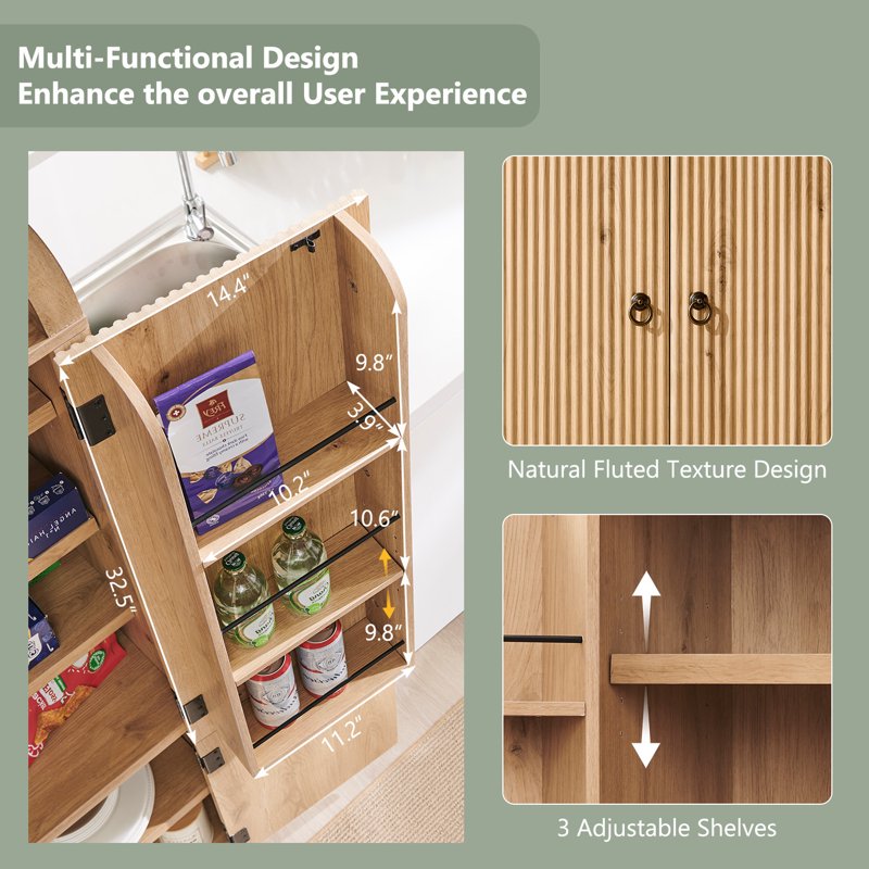 Modern Wavy Arched Pantry Storage Cabinet - Natural Fluted Wood, 71"