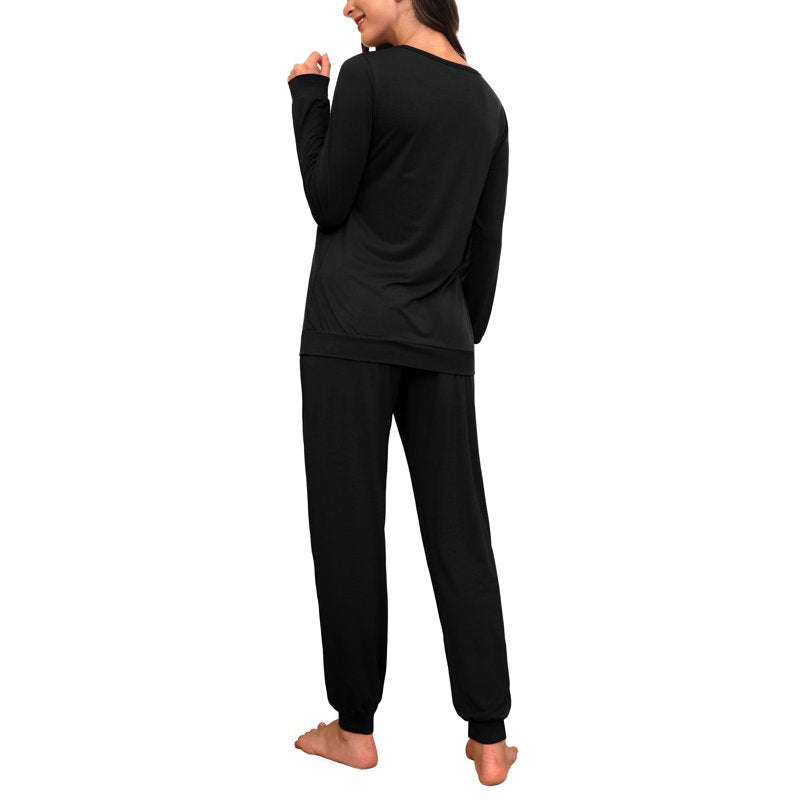 MINTREUS Womens Pajama Set Black Medium Long Sleeve Lounge Sleepwear with Pockets