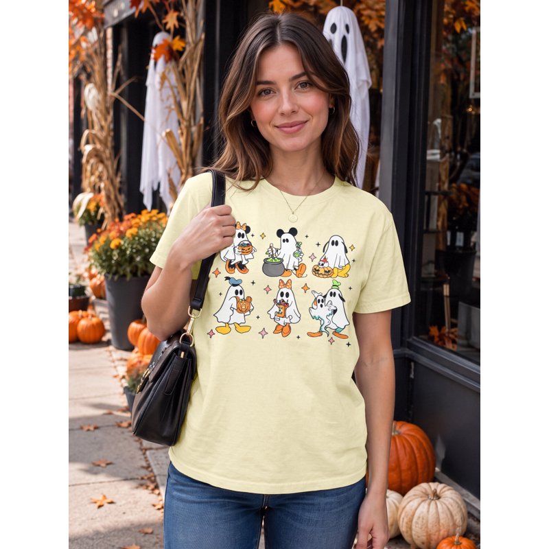 Women's Halloween Pumpkin T-Shirt with Ghost Graphic - Beige, Large